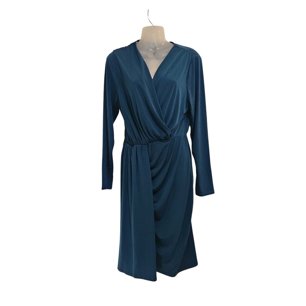 Fashion To Figure Long Sleeve Drape Front Midi Dress Faux Wrap Stretch Blue XL